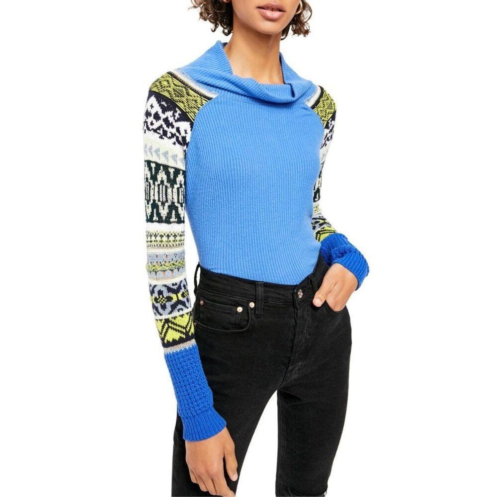 Free People Blue Cowl Neck Pattern Sleeve‎ Shirt Sz Small NEW